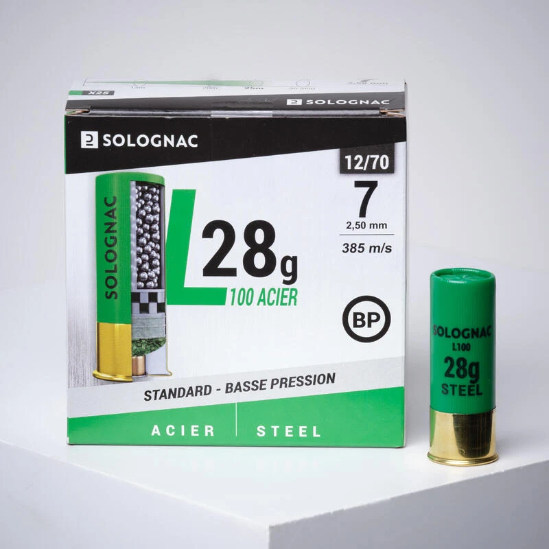 Cartouche L100 28gr CALIBRE 12/70 Basse Pression BILLE Acier N°7 X25 Cartouche L100 28gr CALIBRE 12/70 Basse Pression BILLE Acier N°7 X25 -Camping Randonnée Magasin cartouche l100 28gr calibre 1270 basse pression bille acier n7