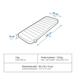 Quechua MATELAS GONFLABLE DE CAMPING - AIR SECONDS 80 CM - 1 PERSONNE -Camping Randonnée Magasin matelas gonflable de camping air seconds 80 cm 1 personne 1